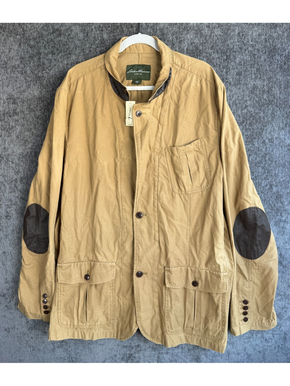 Eddie Bauer Safari Field Jacket Mens 2XLT Tan Canvas Leather Elbow Patches Flaw*